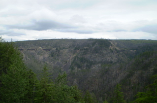 KVR route on the opposite (east) side of Myra Canyon as seen near trestle 3, 2010-08.